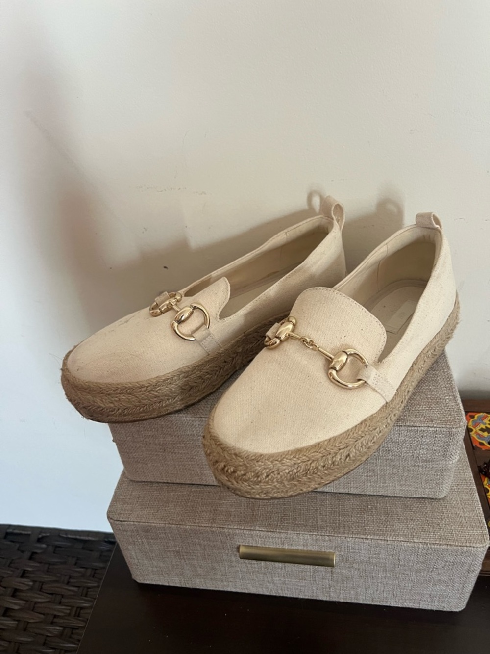 H&M Cream Canvas Espadrille Loafers with Gold Bit
